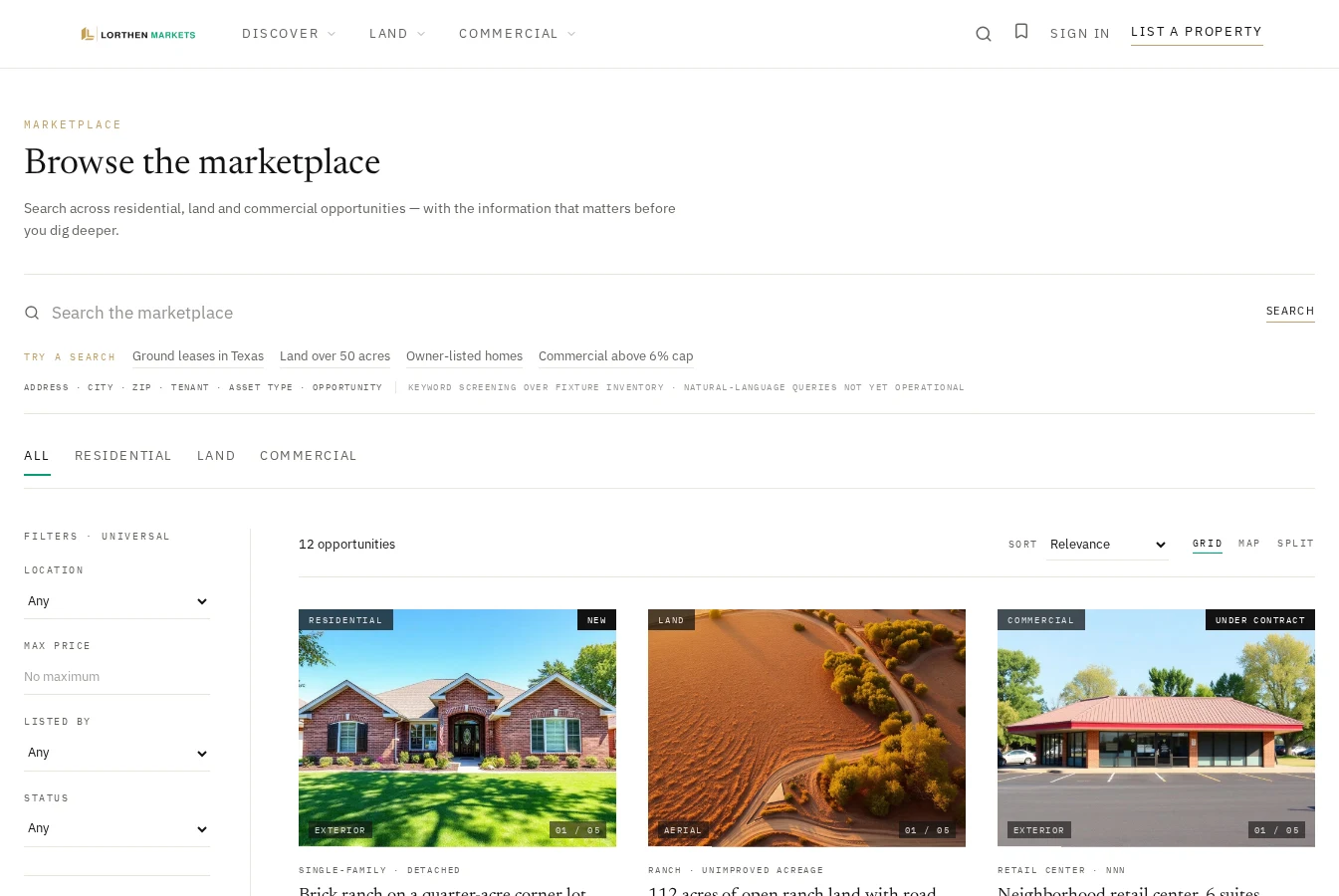 Lorthen Markets public property-discovery preview with demonstration opportunities