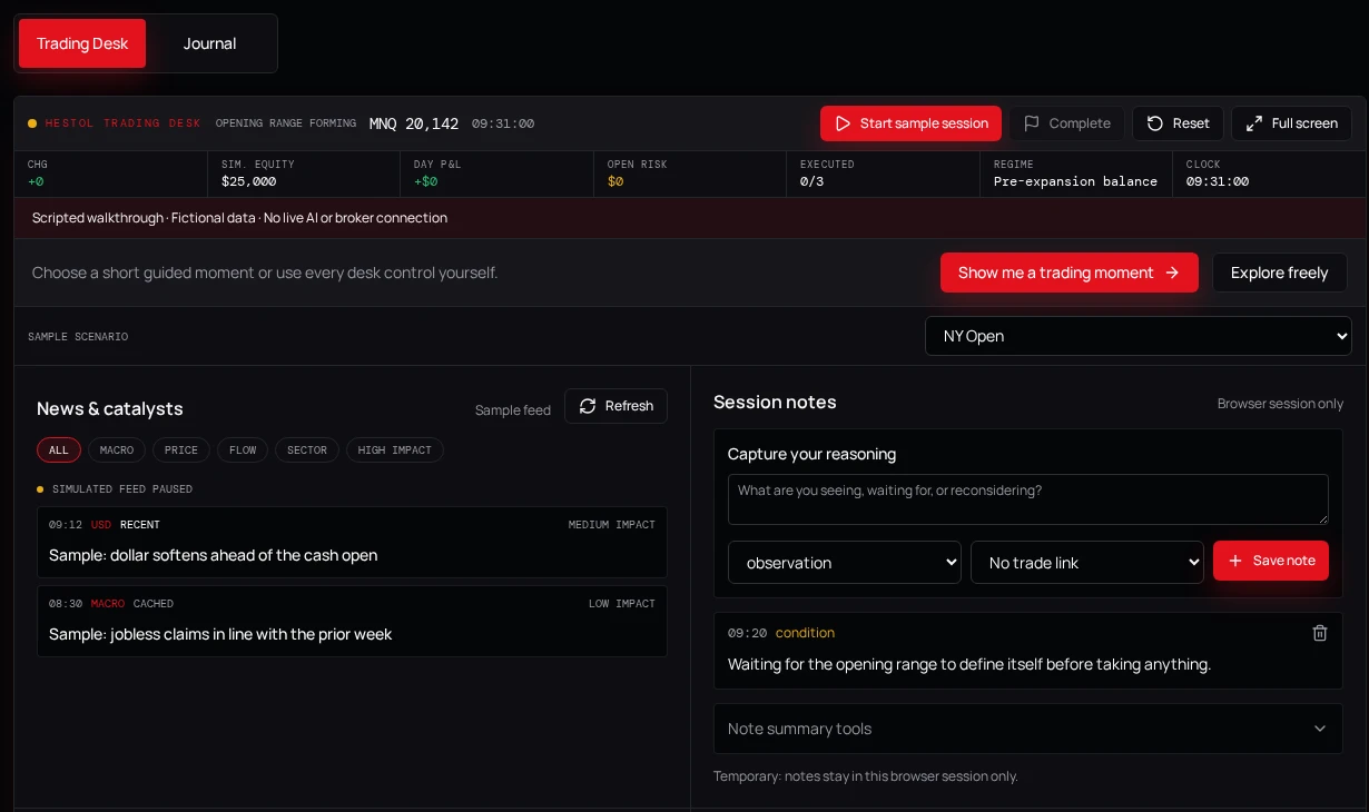 HESTOL’s public Trading Desk demo showing fictional market context, sample scenarios and session notes