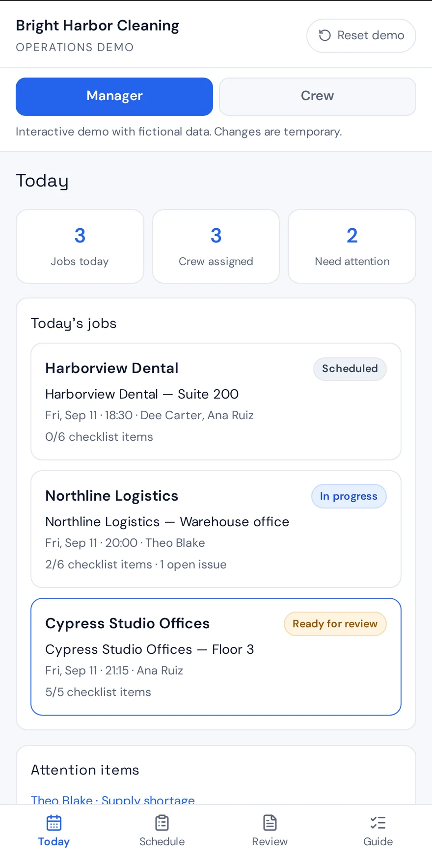 Cleaning Operations prototype dashboard with today's jobs, crew assignments and job statuses